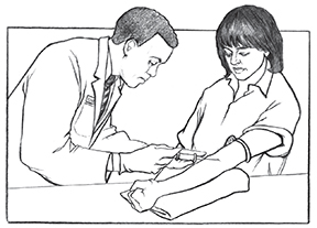 Ilustracin de un proveedor de salud mdico hombre extirpando sangre de una paciente mujer.