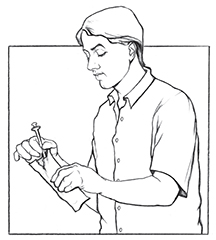 Ilustracin de un hombre removiendo una jeringa estril de una bolsa plstica.