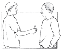 Ilustracin de un hombre pasando una aguja para inyectarse drogas a otro hombre.  