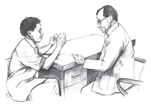 Ilustracin de un mdico hombre hablando con una paciente mujer. Los dos estn sentados en una mesa.